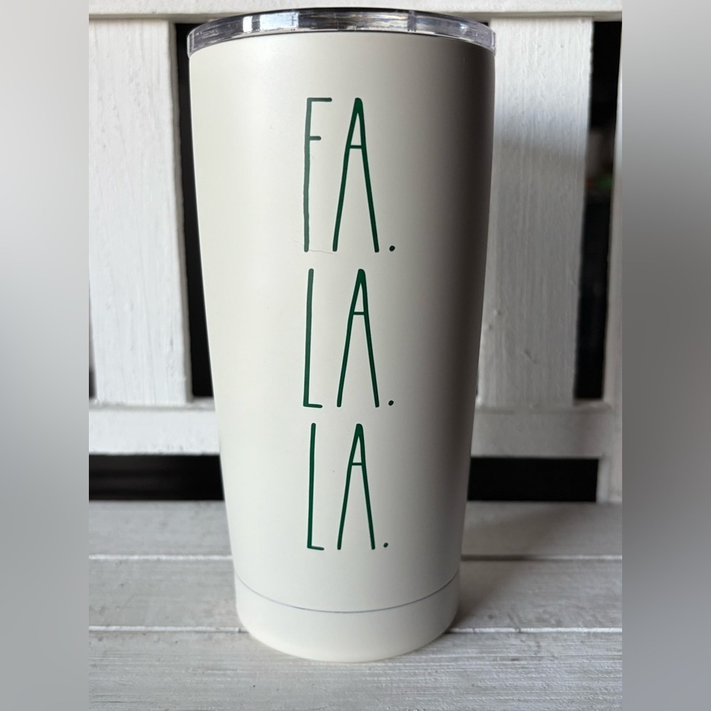Rae Dunn FA LA LA Hot Drink White and Green Tumbler